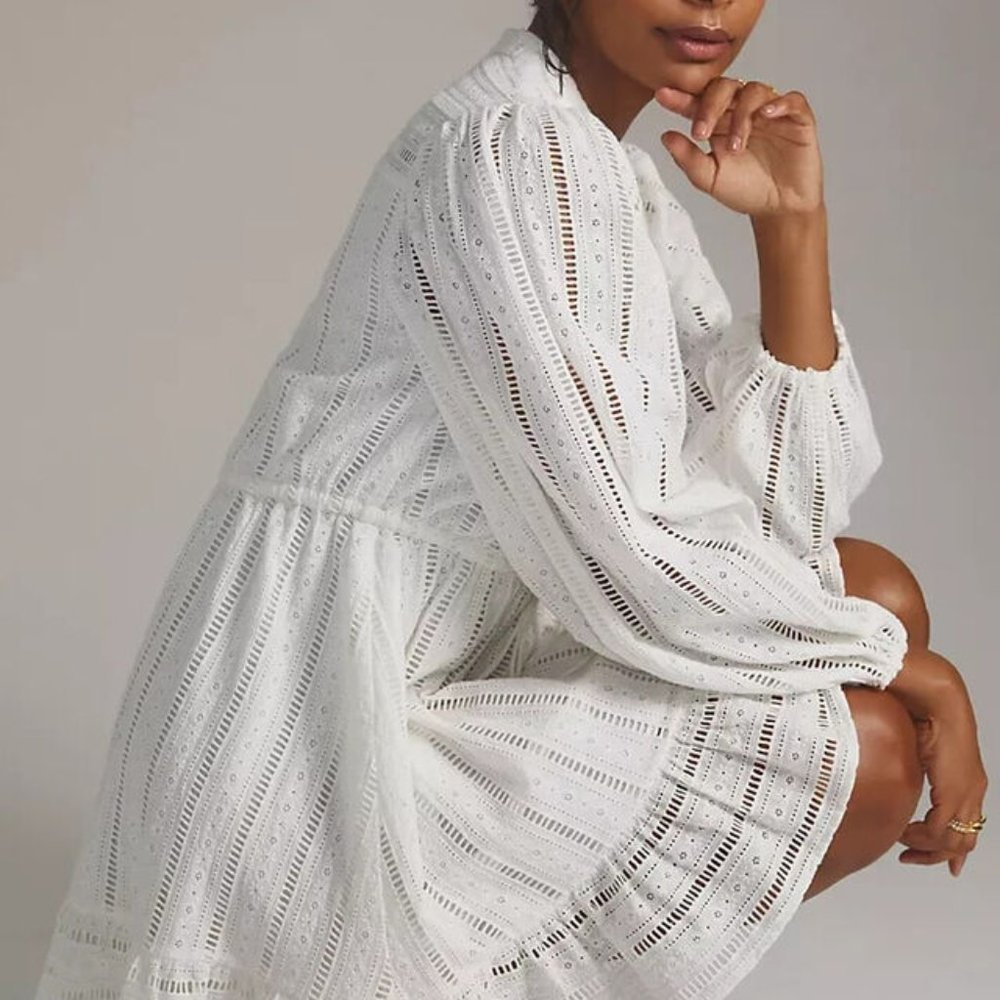 ANTHROPOLOGIE Forever That Girl Eyelet Mini Dress M $160 White